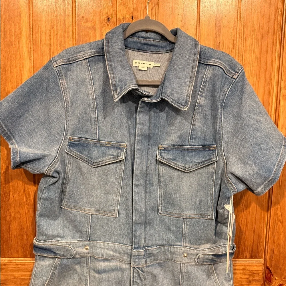 Good American Light Blue Denim Short Sleeve Utility Jumpsuit - Picture 3 of 6